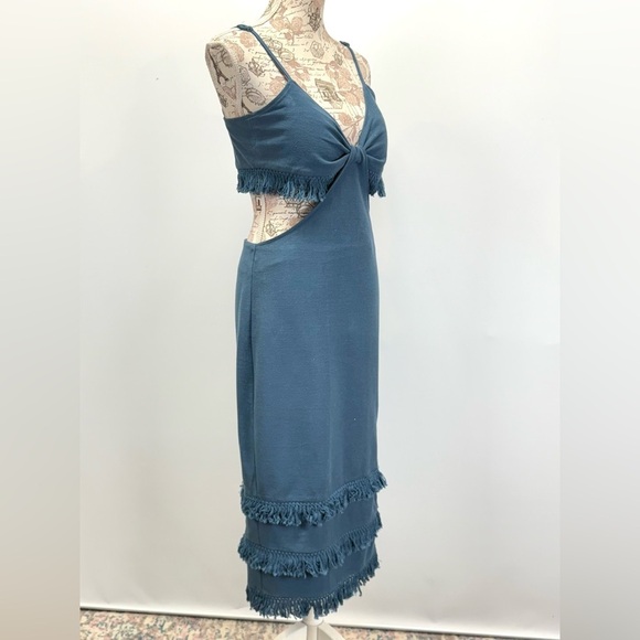 BONHEUR  D'AMOUR Blue spaghetti strap fringe open waist midi dress size L - Picture 7 of 14